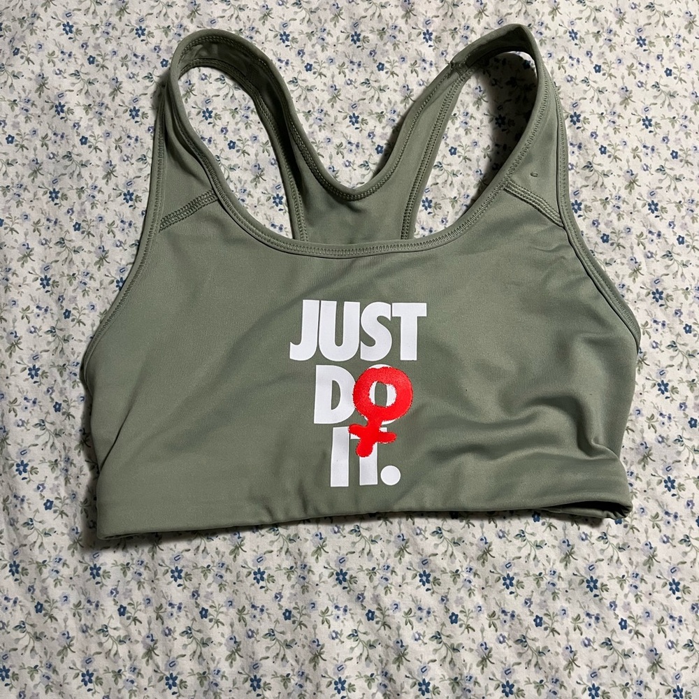 Nike Green and Orange Sports Bra with Motivational Slogan